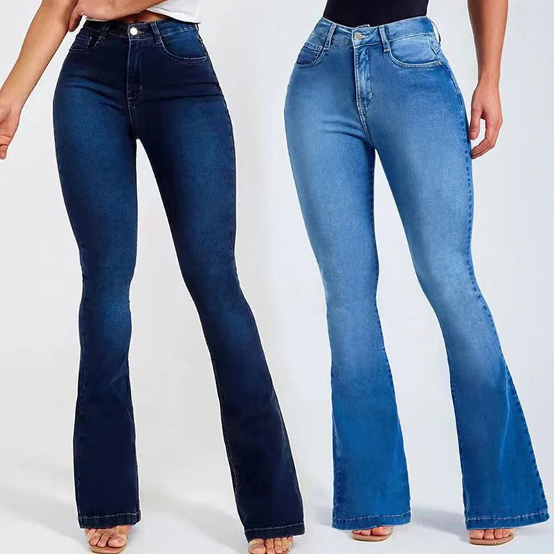 Spring new high-waisted slim-fit stretch bell-bottomed jeans for women