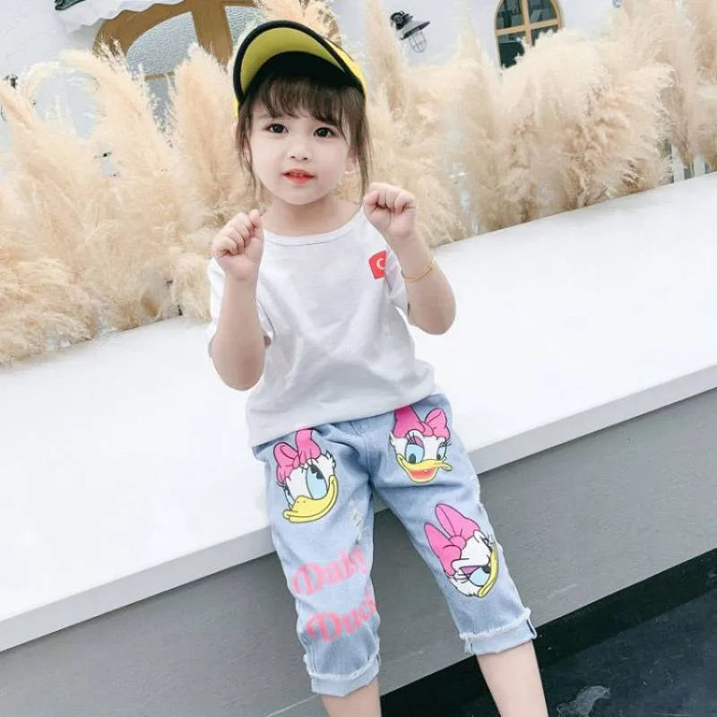 Spring Summer Kids Cartoon Daisy Jeans, Loose Denim Pants for Girls (2-6Y)