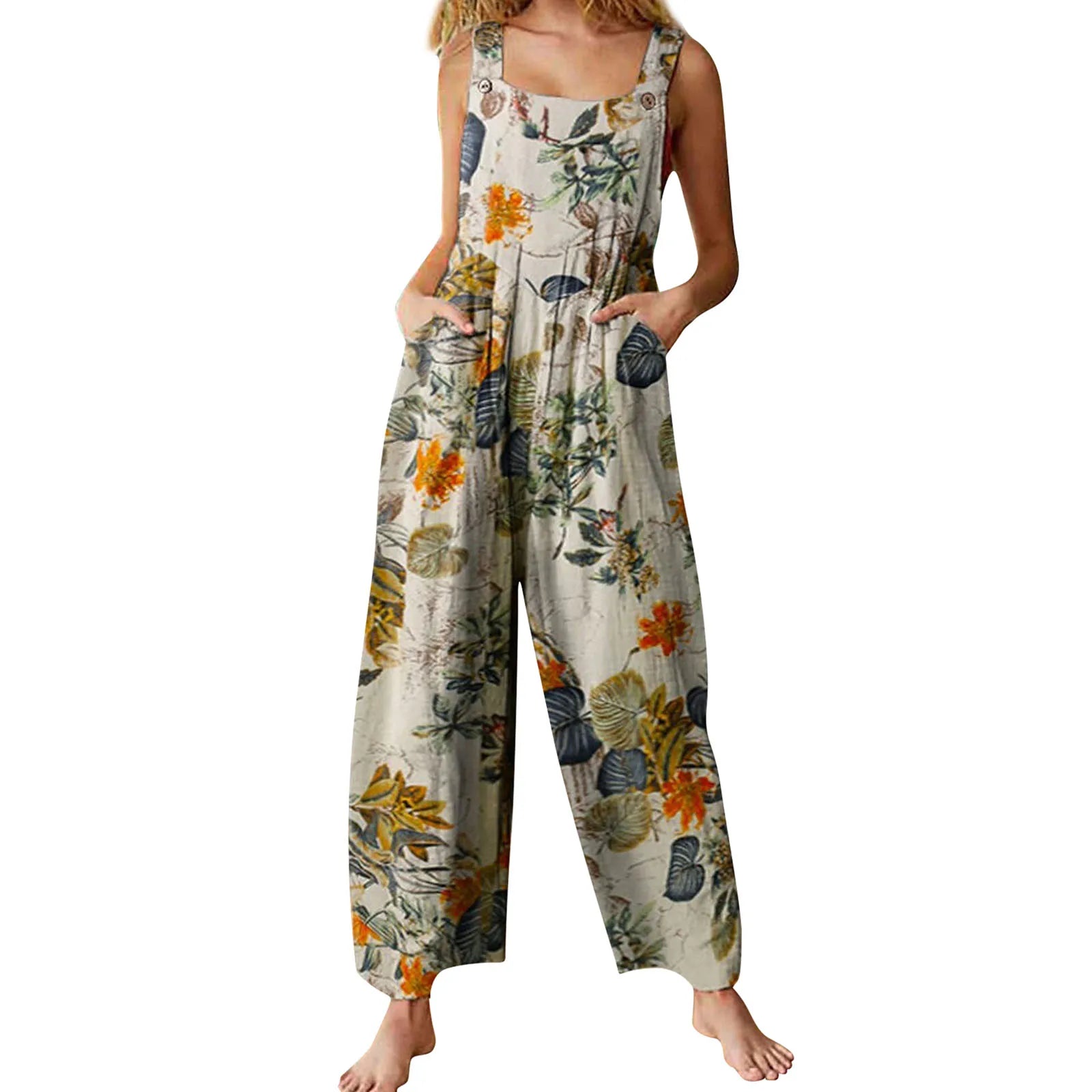 Women’s Suspender Jumpsuit, 90s Retro Wide Leg Romper with Pockets