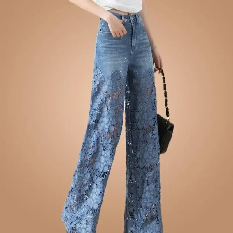 High Waist Lace Patchwork Jeans, Oversized Loose Casual Pants for Women