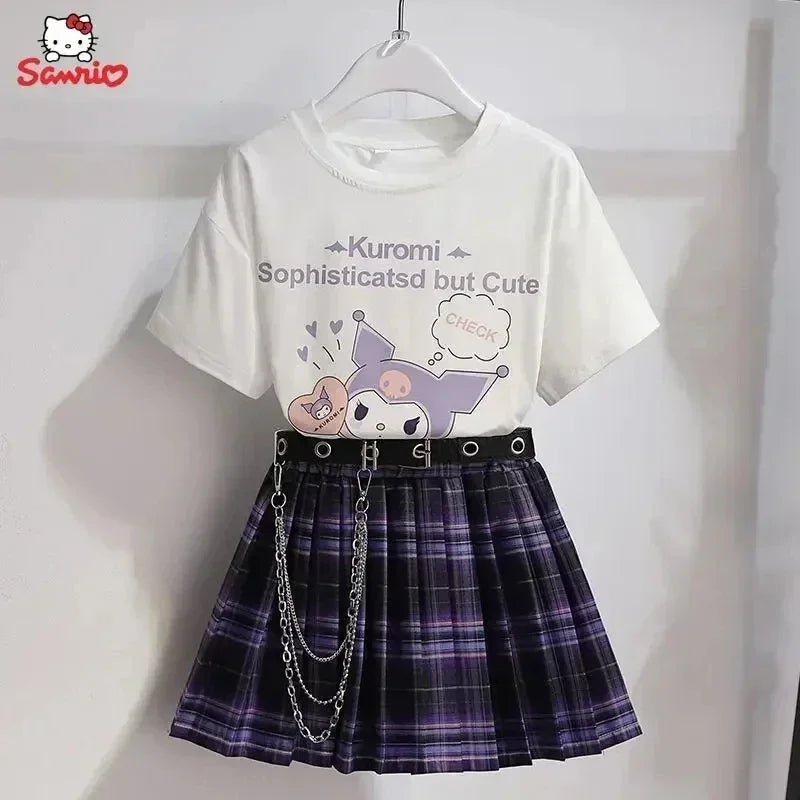 Kawaii Kuromi Skirt Suit, Sanrio Anime Preppy T-Shirt & Pleated Skirt, JK Uniform