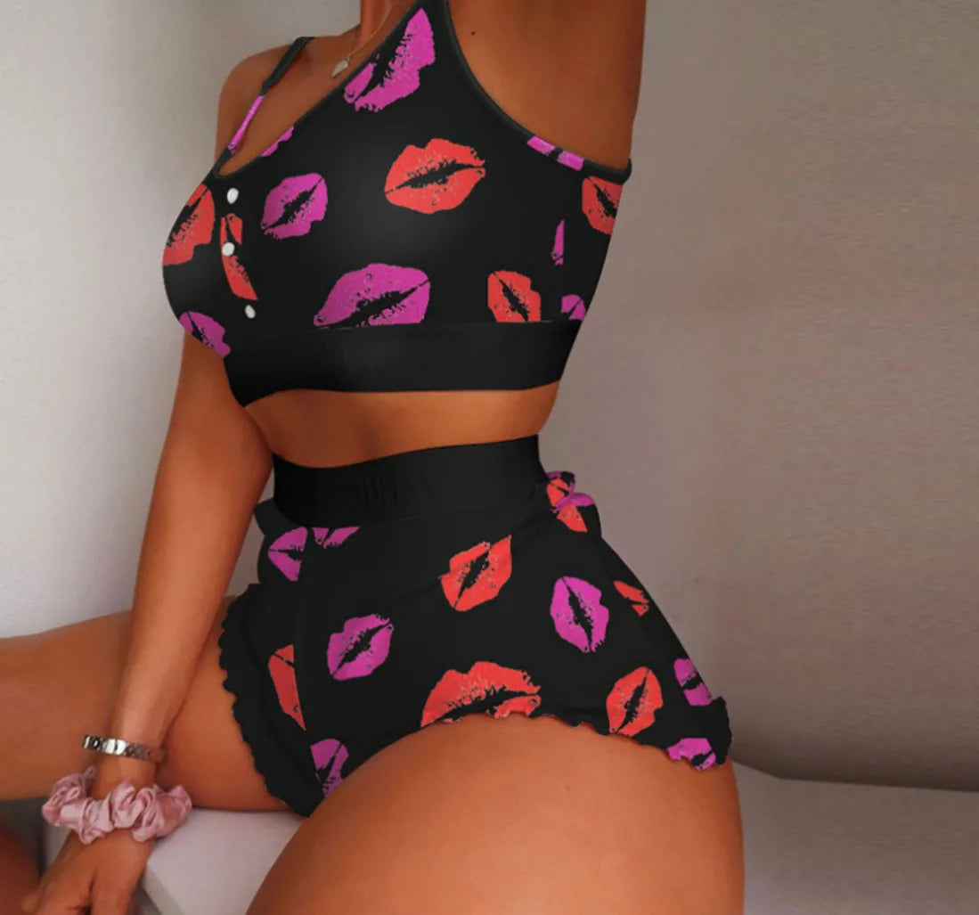 2-Piece Women’s Pajama Set, Print Camisole & Shorts, Sexy Lingerie Loungewear