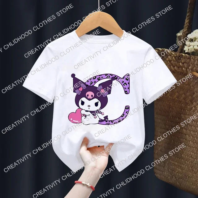 Children’s Cartoon T-Shirt, Letter A-D Anime Kawaii Top, Casual Short Sleeve
