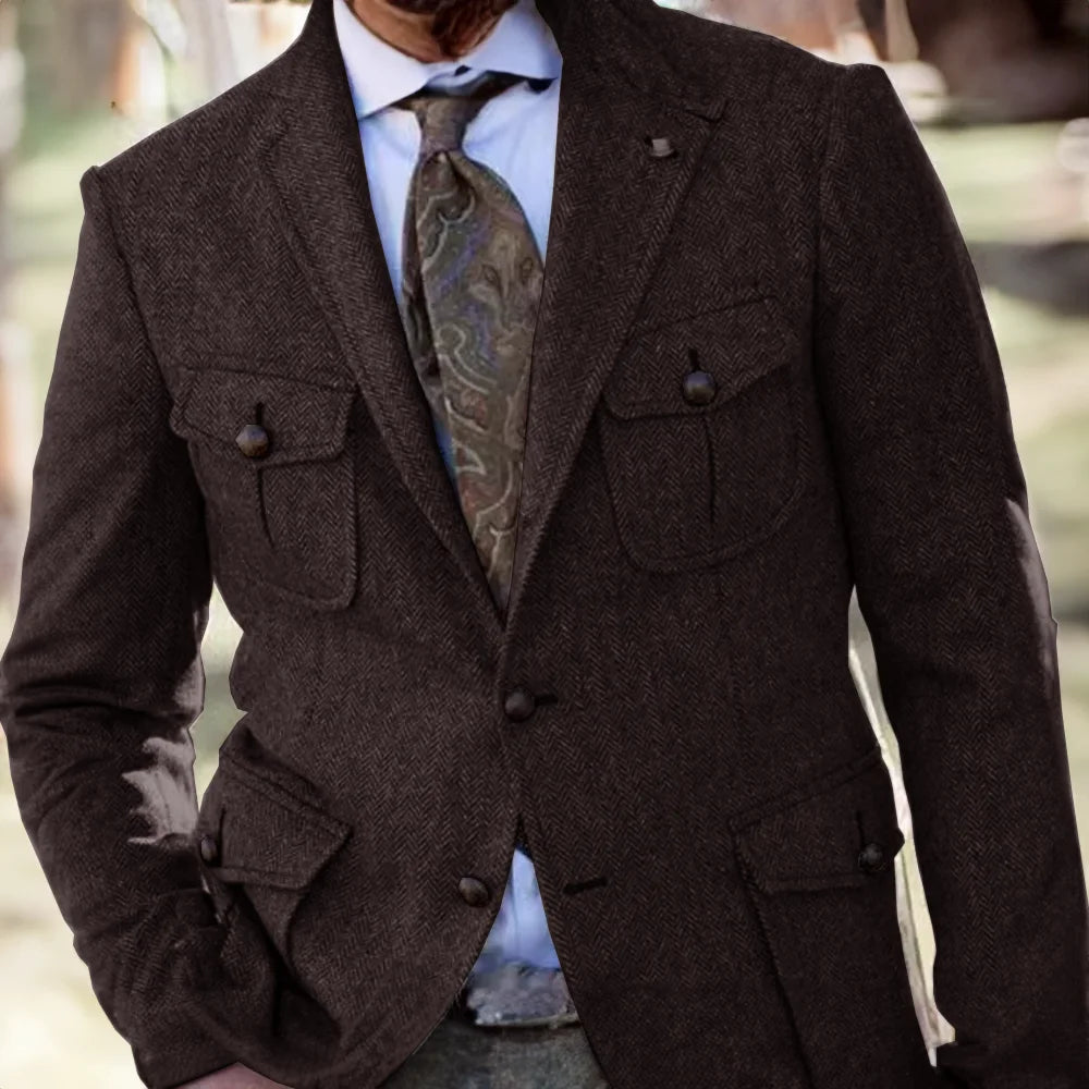 Men's Retro Herringbone Blazer Formal Wool Steampunk Jacket for Office Wear