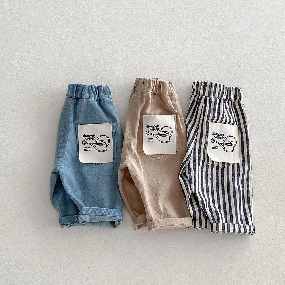 Kids Stripe Denim Jeans, Loose Straight Patchwork Pants (1-5Y)