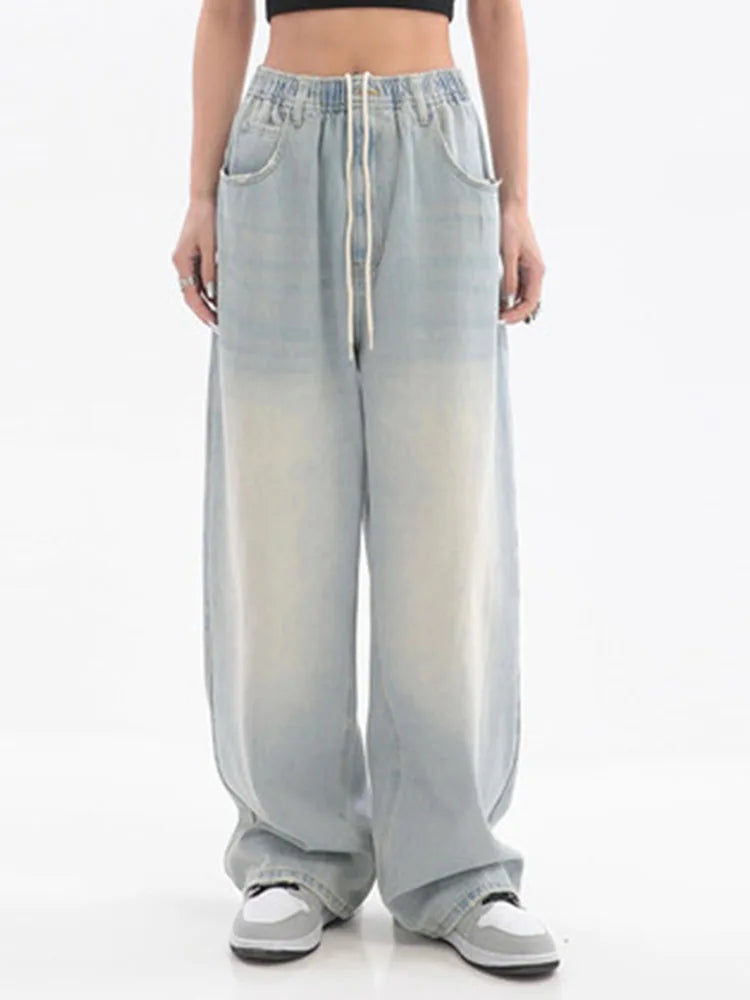 Women’s Vintage Baggy Jeans, Elastic Waist Wide Leg Denim Pants