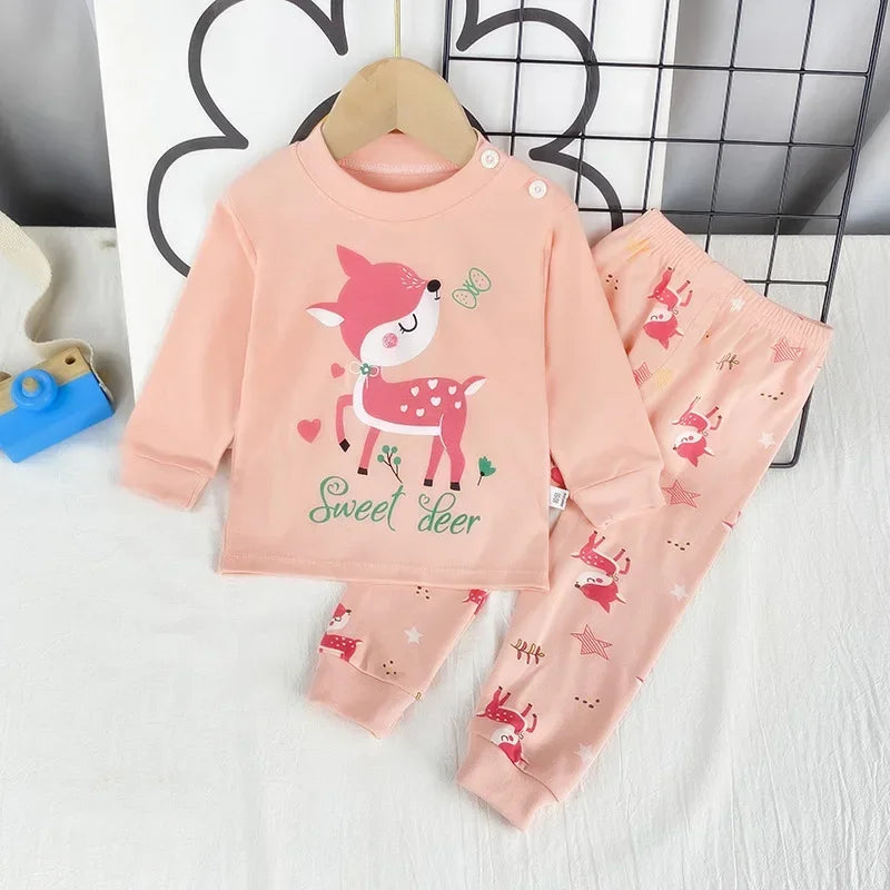 Kids Pajama Set, Cartoon Print Long Sleeve T-Shirt & Pants