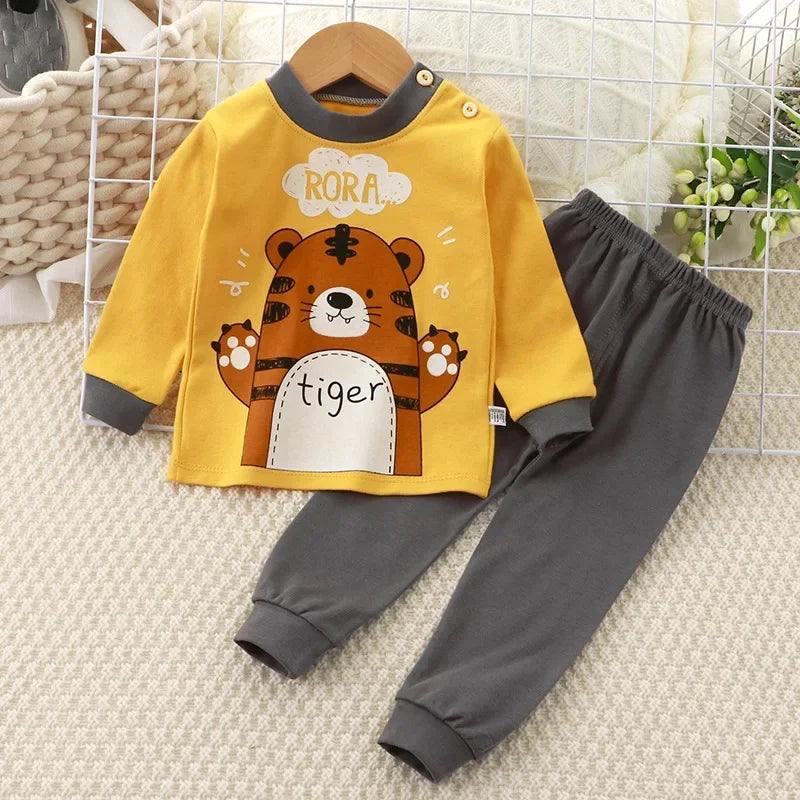 Kids Pajama Set, Cartoon Print Long Sleeve T-Shirt & Pants