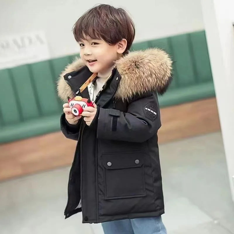 Boys Cotton Down Coats, Winter Hooded Jackets, Large Fur Collar, Casual Parkas