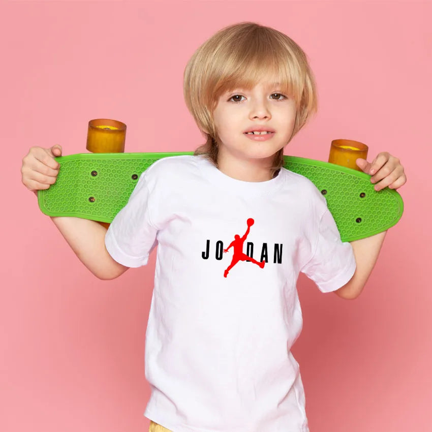 JD Letter Print Kids T-Shirt, Summer Cotton Short Sleeve Sports Top