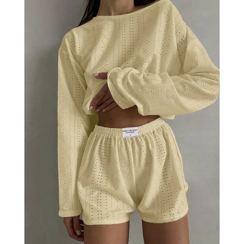 Women’s Spring Pajama Set – Long Sleeve Top & Shorts, Loose Round Neck Sleepwear