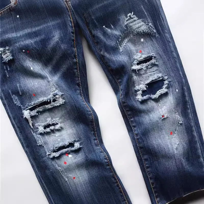 Indigo Blue Multi-Hole Denim, Hand-Painted, Worn-Out, Brushed Details