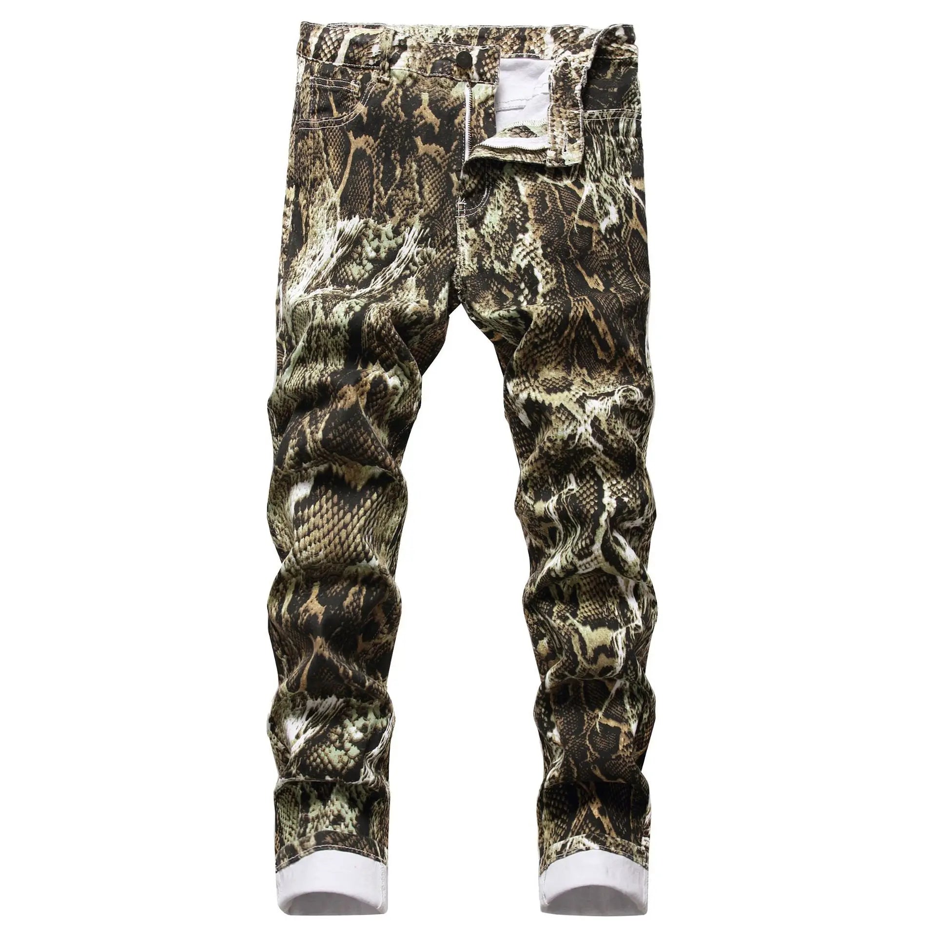 Snakeskin Print Hip Hop Jeans Slim Fit Stretch Denim Ankle-Length Trousers