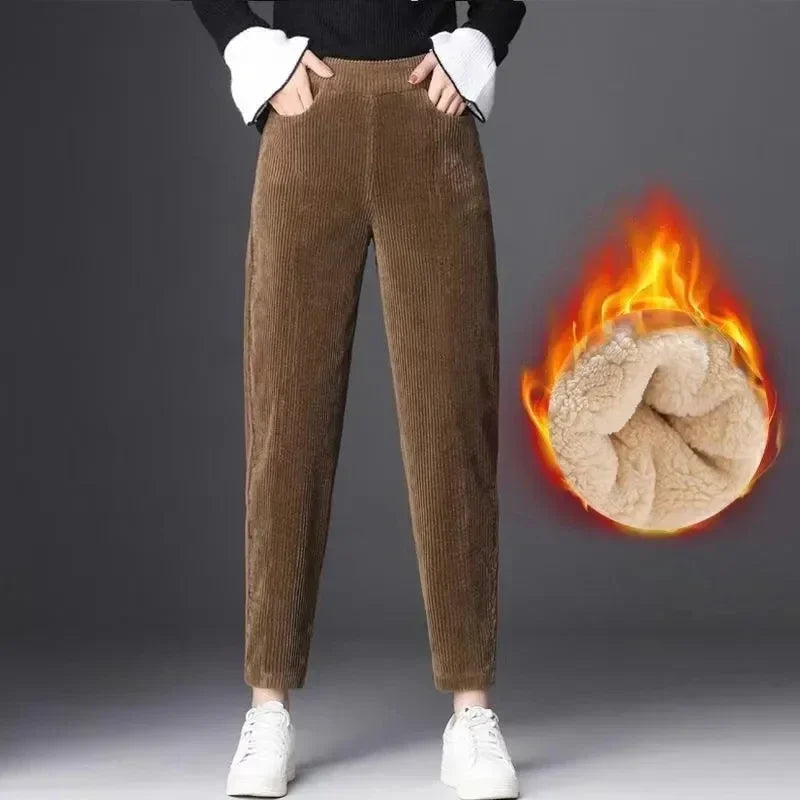 Women’s Corduroy Warm Pants, High Waist Plush Harem Trousers