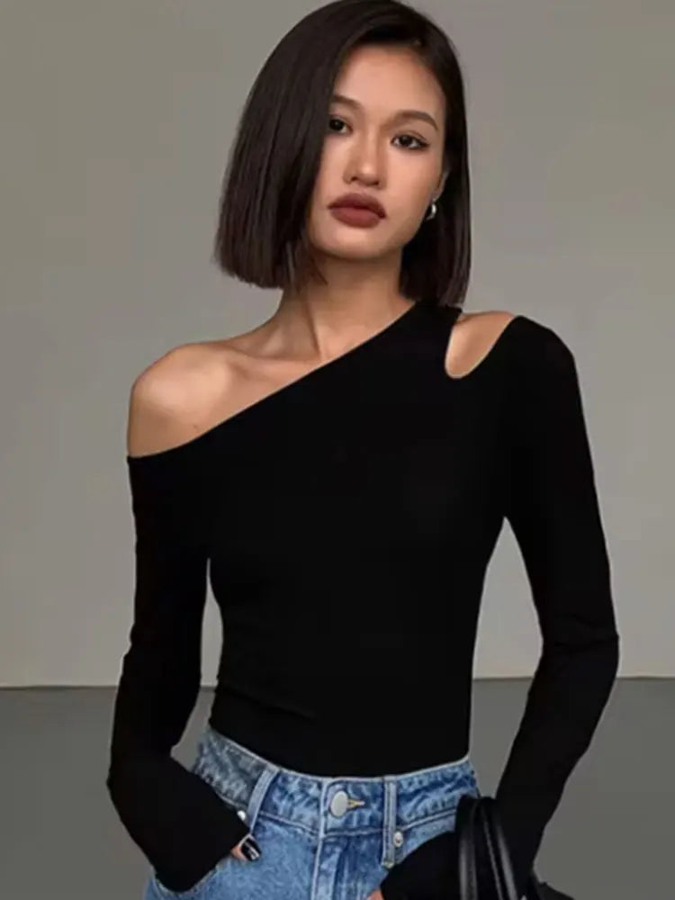 Skew Collar Off-Shoulder T-shirt, Slim Fit Crop Top, Sexy Hollow Out Tee