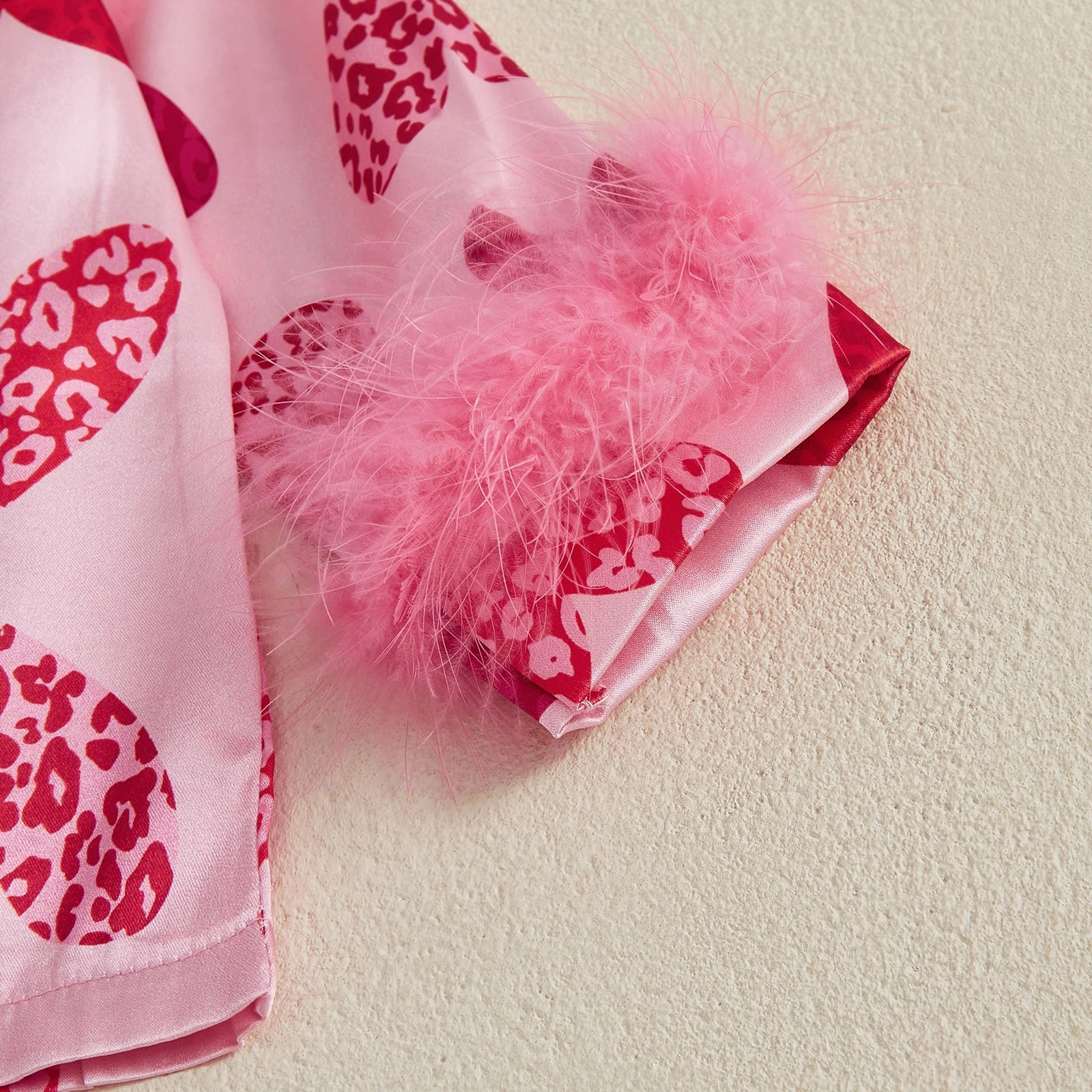 Kids Valentine's Pajama Set, Heart Print Long Sleeve Shirt & Pants with Feather Trim