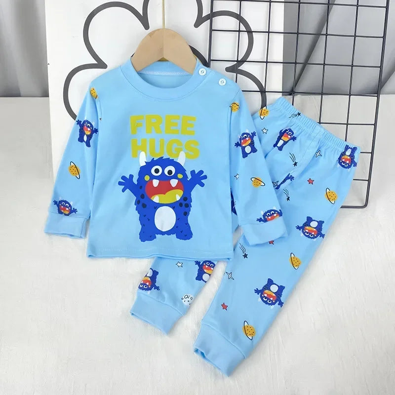 Kids Pajama Set, Cartoon Print Long Sleeve T-Shirt & Pants