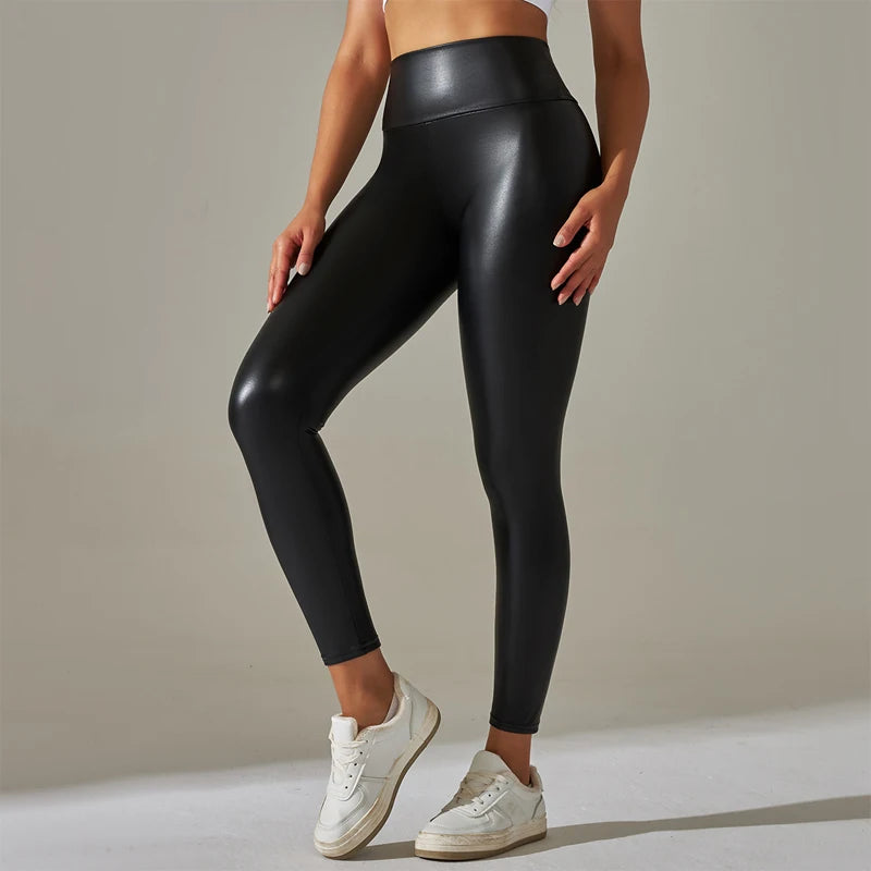 Trendy Oversized Women’s High-Waisted PU Leather Leggings, Colorful Yoga Pants