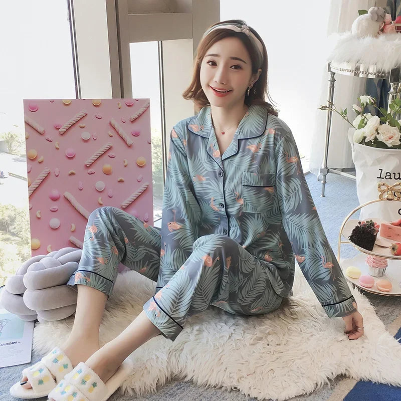 Women’s V-Neck Pajama Set – Button Down Top & Trousers Sleepwear