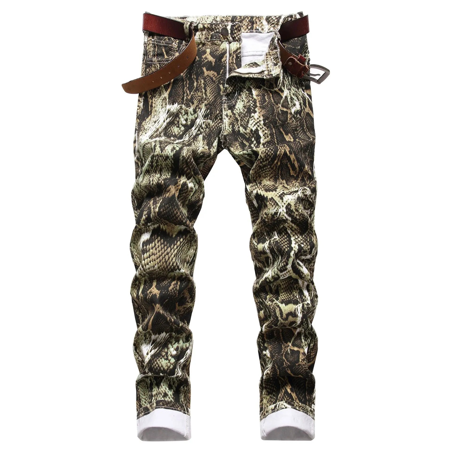 Snakeskin Print Hip Hop Jeans Slim Fit Stretch Denim Ankle-Length Trousers