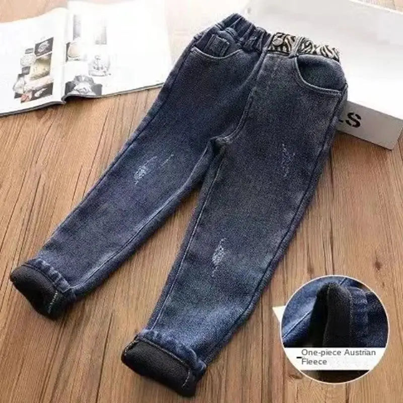 2-13 Years Kids Winter Velvet Denim Jeans, Slim Fleece Pants for Girls