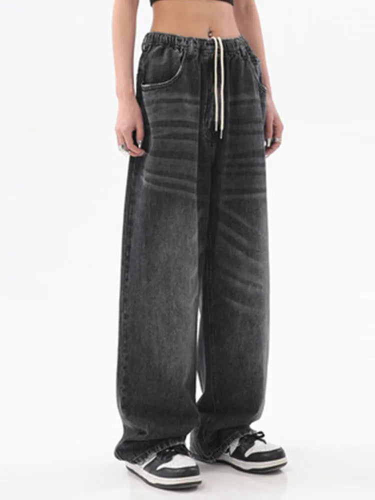 Women’s Vintage Baggy Jeans, Elastic Waist Wide Leg Denim Pants