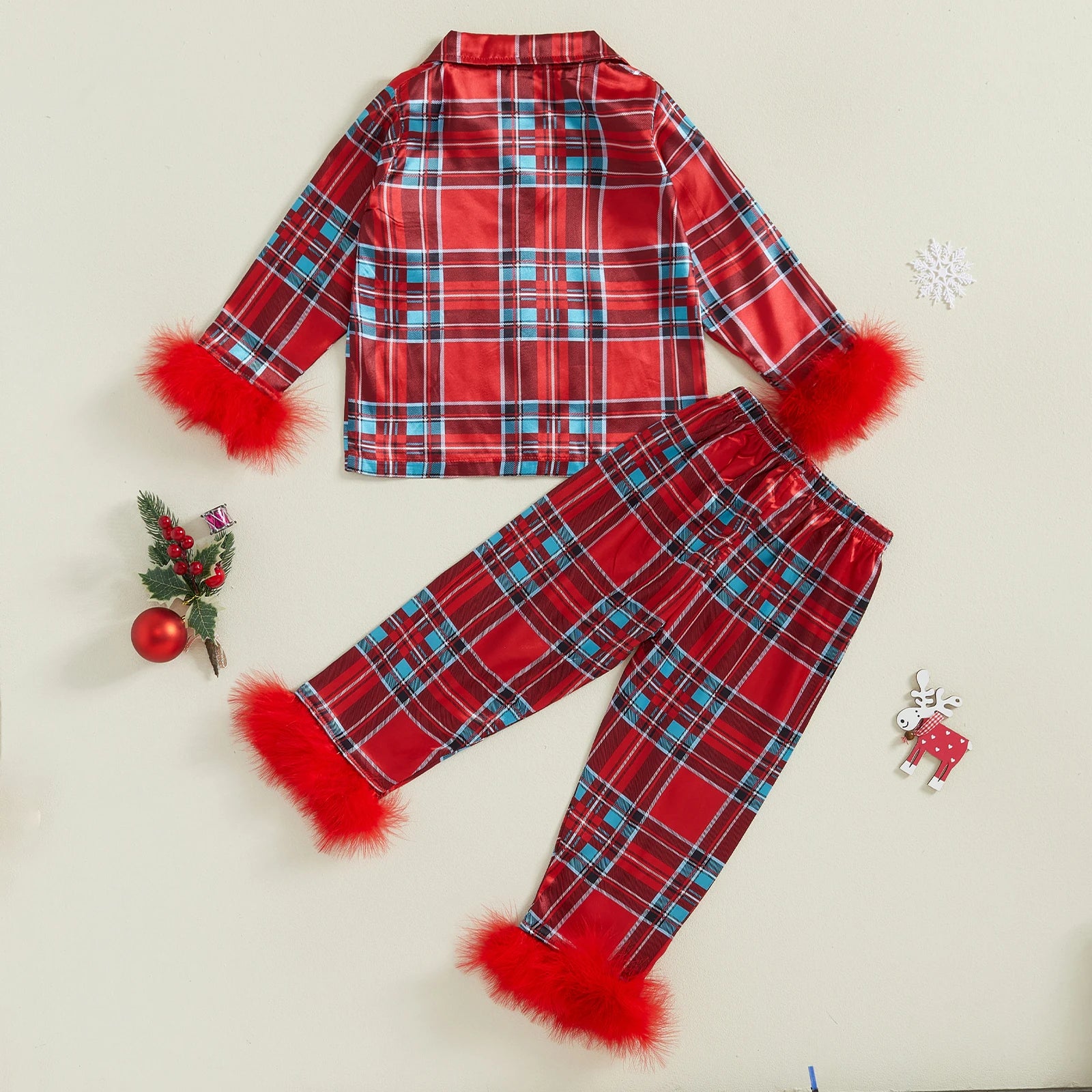 Kids Christmas Pajama Set, Feather Trim Long Sleeve Shirt & Pants (1-9Y)