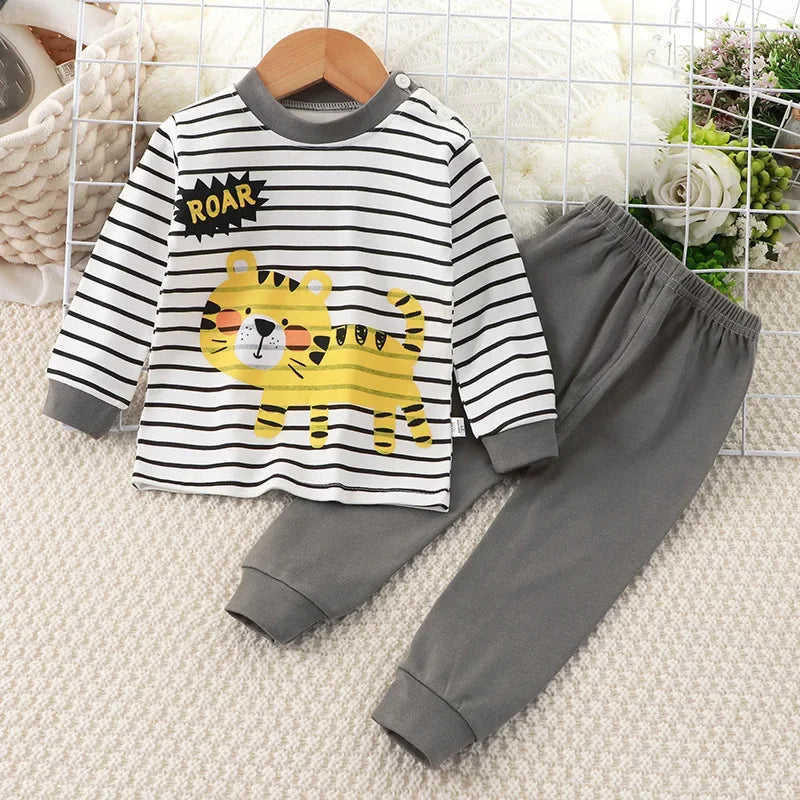 Kids Pajama Set, Cartoon Print Long Sleeve T-Shirt & Pants
