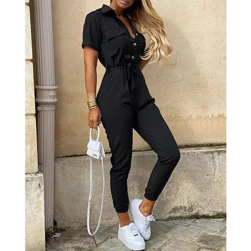Women’s Monochromatic Belt Jumpsuit, Casual Pants, Flip Collar, Buckle, Summer