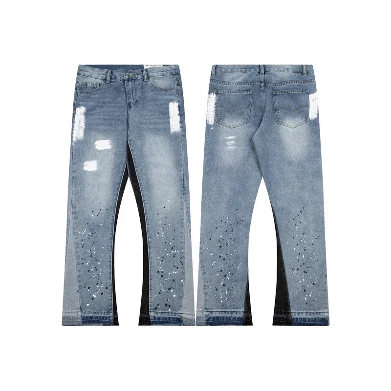 Retro Washed Spliced Denim Loose Straight Micro-Flared Jeans