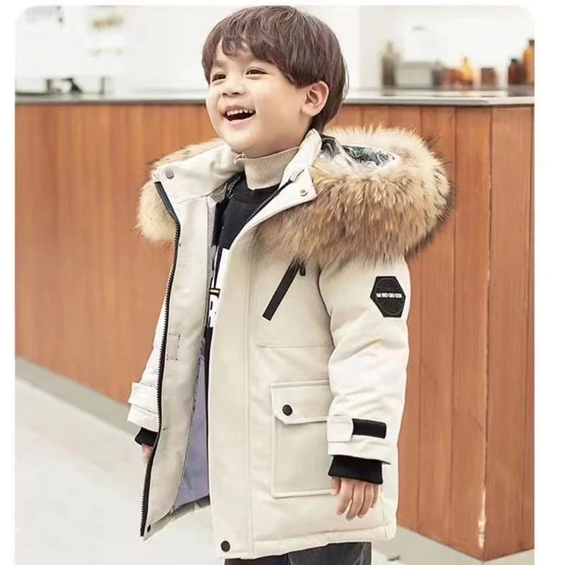 Boys Cotton Down Coats, Winter Hooded Jackets, Large Fur Collar, Casual Parkas