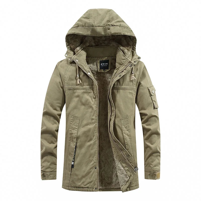 Men’s Winter Hooded Parka, Waterproof, Fleece Cotton Jacket, Casual Fashion Outwear
