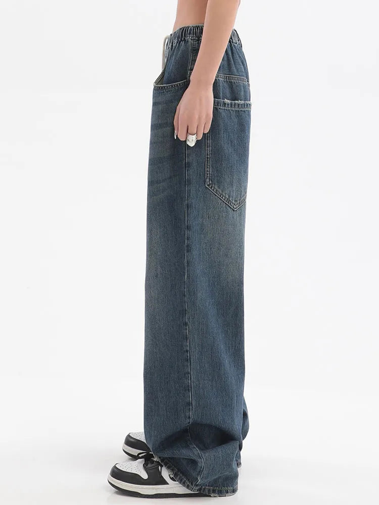 Women’s Vintage Baggy Jeans, Elastic Waist Wide Leg Denim Pants