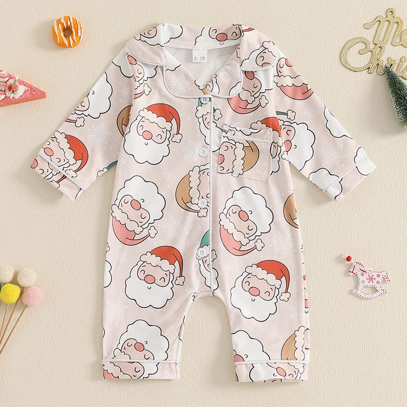 Kids Christmas Jumpsuit, Santa Print Long Sleeve Pajamas