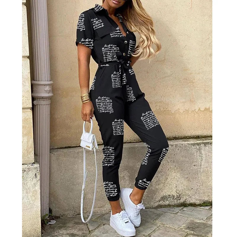 Women’s Monochromatic Belt Jumpsuit, Casual Pants, Flip Collar, Buckle, Summer
