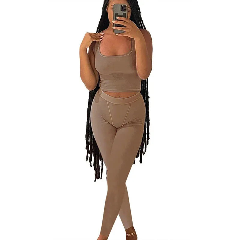 Women’s Casual Workout Set, Ribbed Crop Tank & High Waist Yoga Leggings