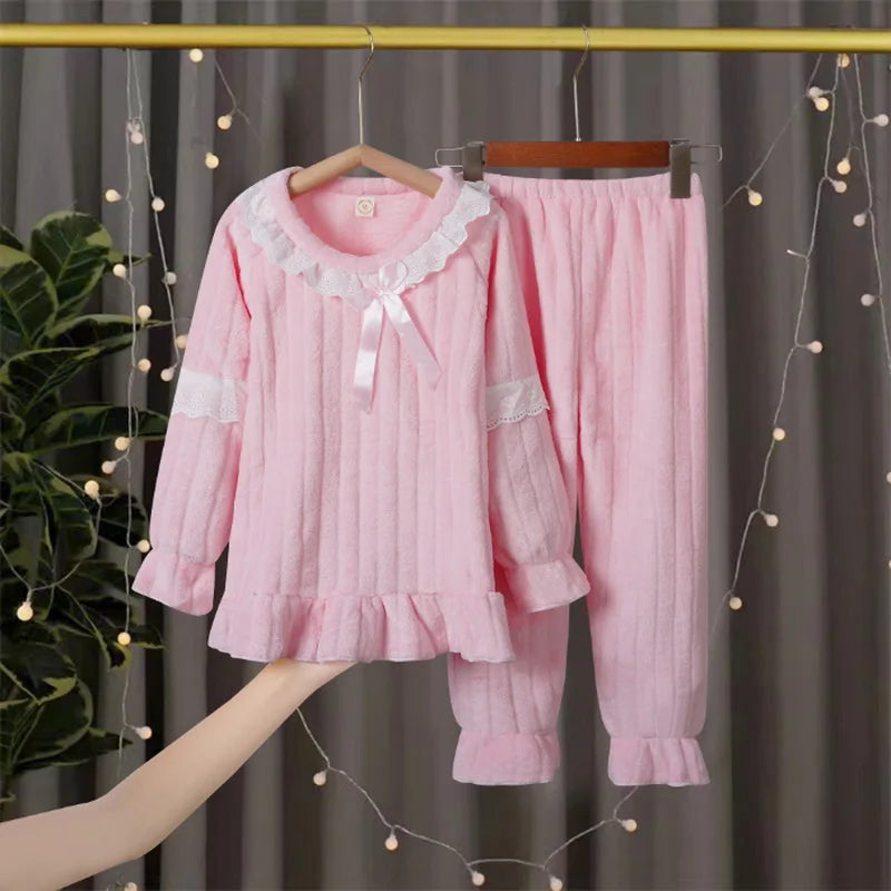 Winter Kids Pajama Set, Princess Coral Fleece Flannel Sleepwear