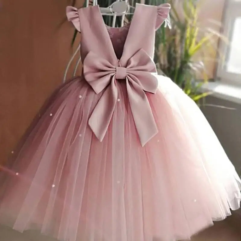 Toddler Girl Flower Tulle Dress, Backless Bow Wedding Gown, Princess Party Dress for Baby Girls