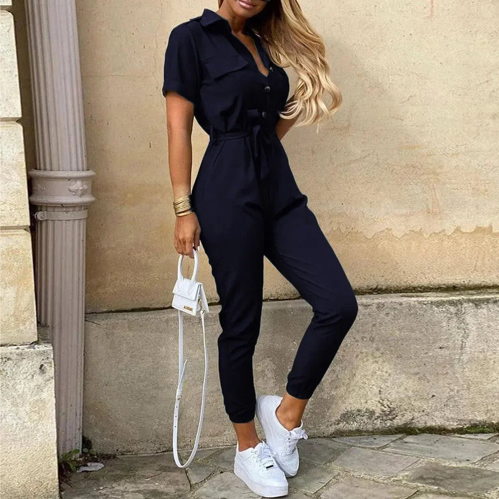 Women’s Monochromatic Belt Jumpsuit, Casual Pants, Flip Collar, Buckle, Summer