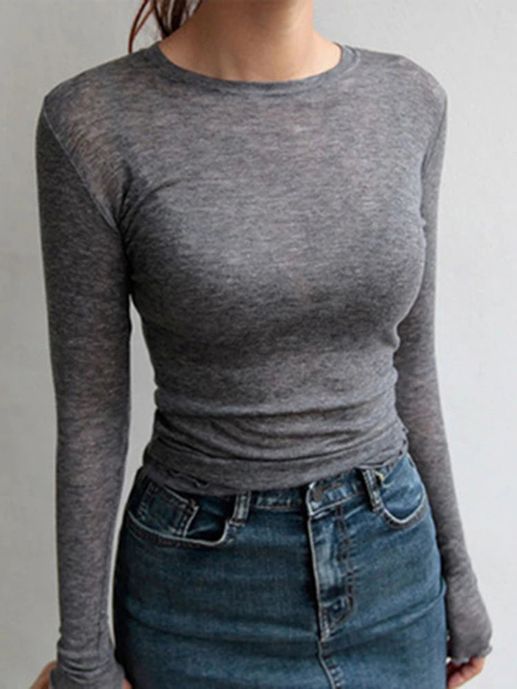 High Quality Women’s Plain Elastic T-Shirt, Long Sleeve See-Through Casual Top