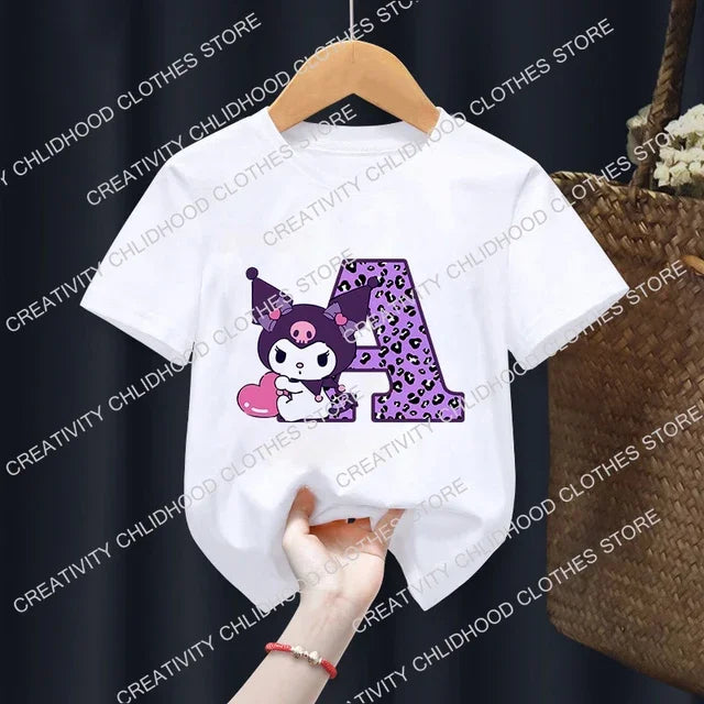 Children’s Cartoon T-Shirt, Letter A-D Anime Kawaii Top, Casual Short Sleeve