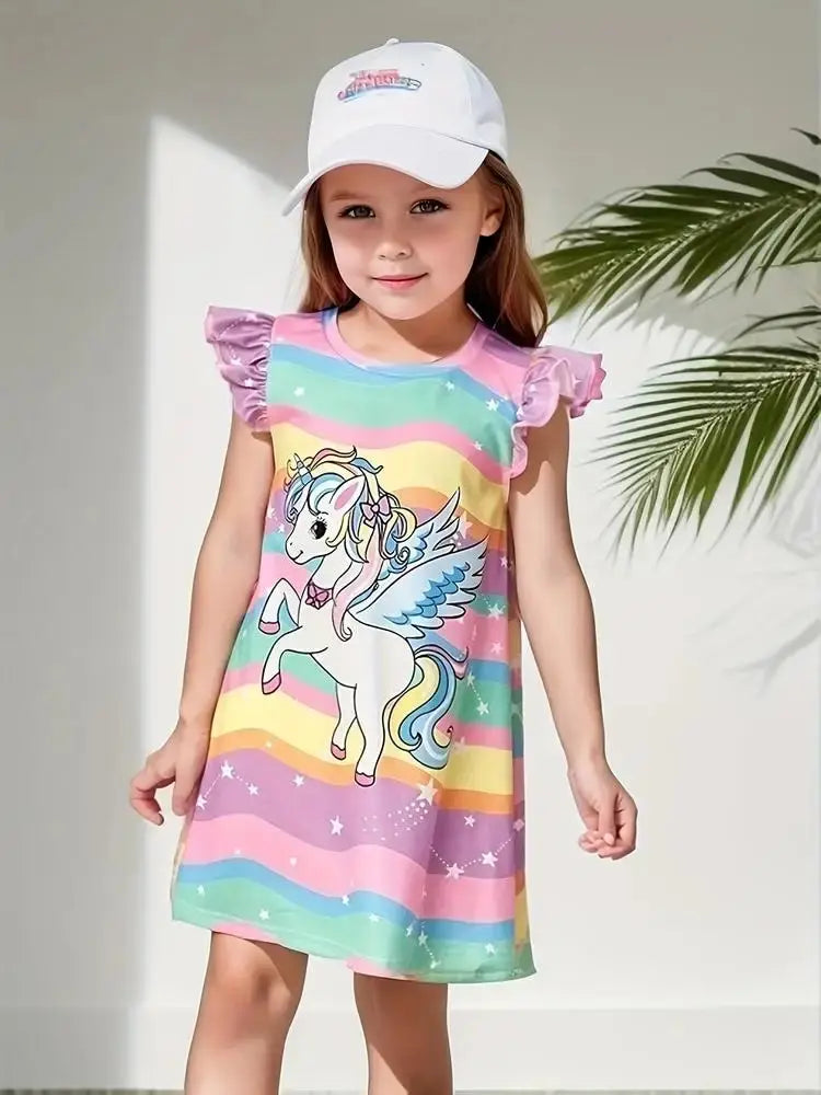 Girls Summer T-shirt Dress, Cute Small Flying Sleeve A-Line Dress, Fashionable Baby Clothing