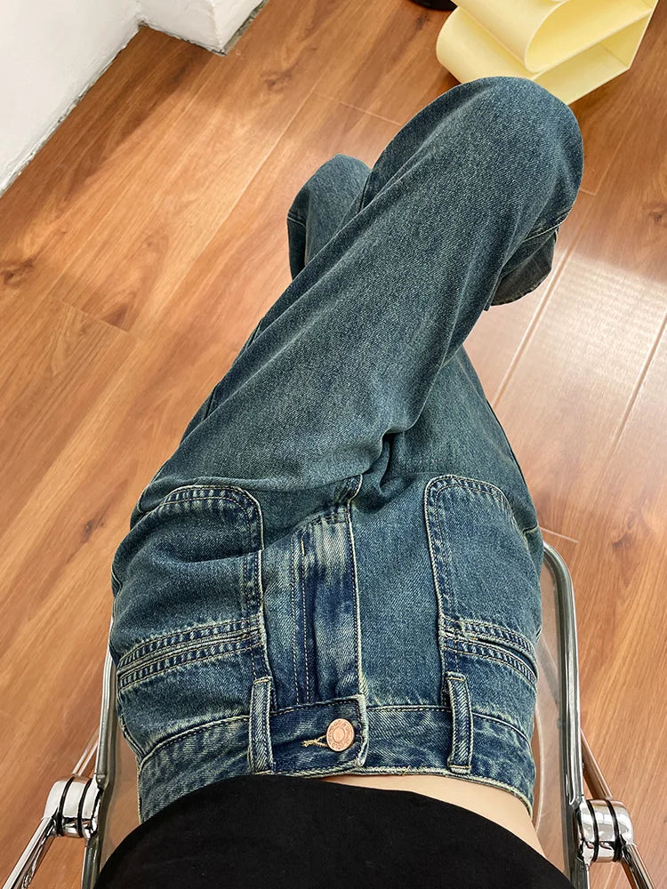 No Stretch Women’s Straight Leg Jeans, High Waist Y2K Denim Cargo Pants