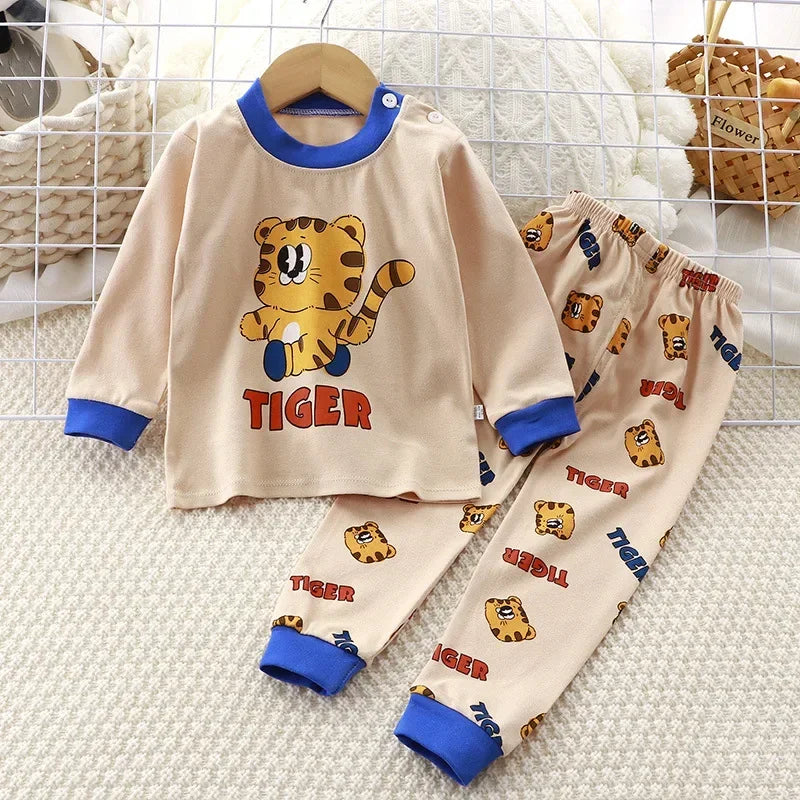 Kids Pajama Set, Cartoon Print Long Sleeve T-Shirt & Pants