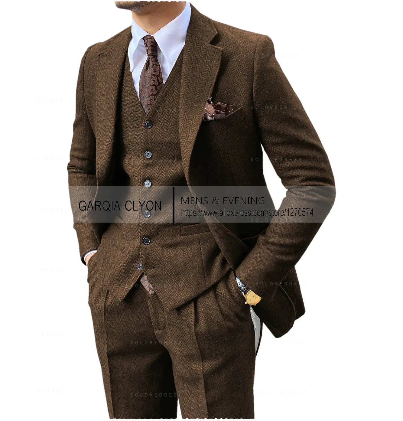 3-Piece Men's Tweed Suit | Slim Fit Herringbone Blazer, Vest & Pants Set