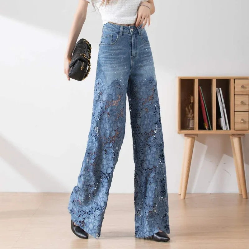 High Waist Lace Patchwork Jeans, Oversized Loose Casual Pants for Women