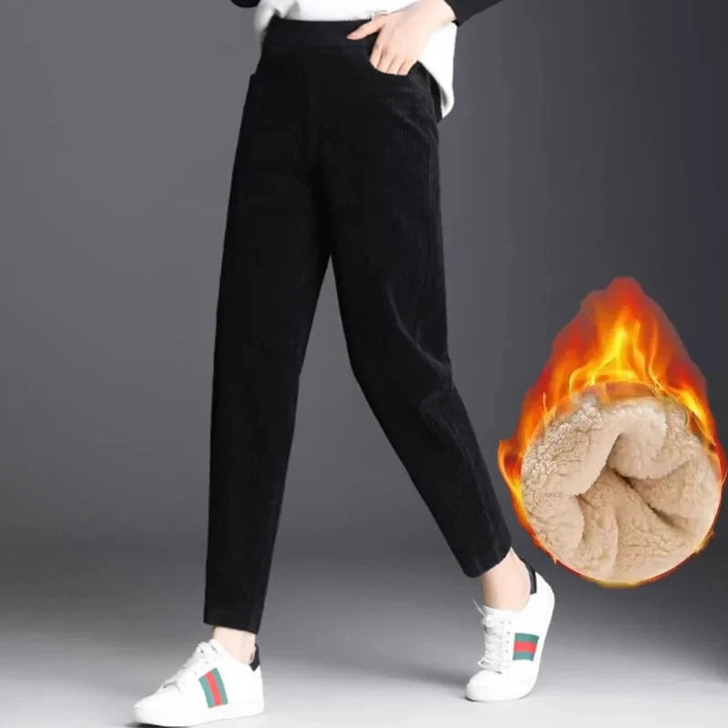 Women’s Corduroy Warm Pants, High Waist Plush Harem Trousers