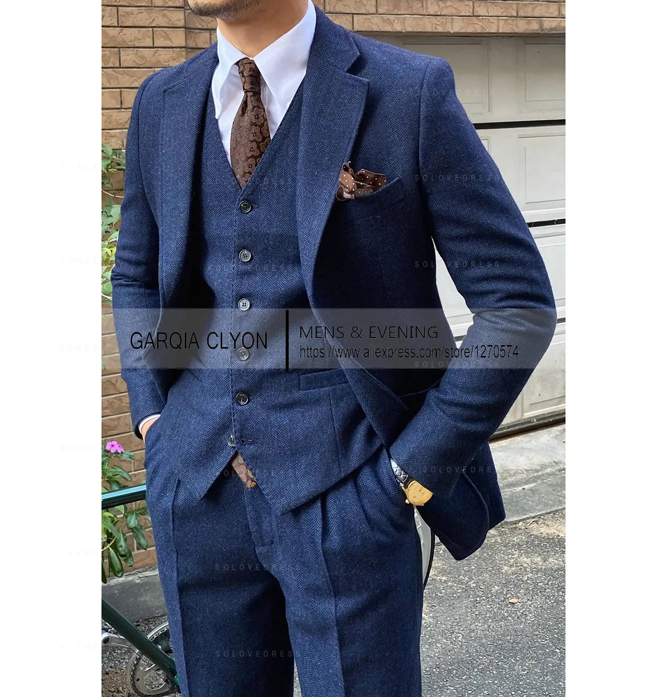 3-Piece Men's Tweed Suit | Slim Fit Herringbone Blazer, Vest & Pants Set