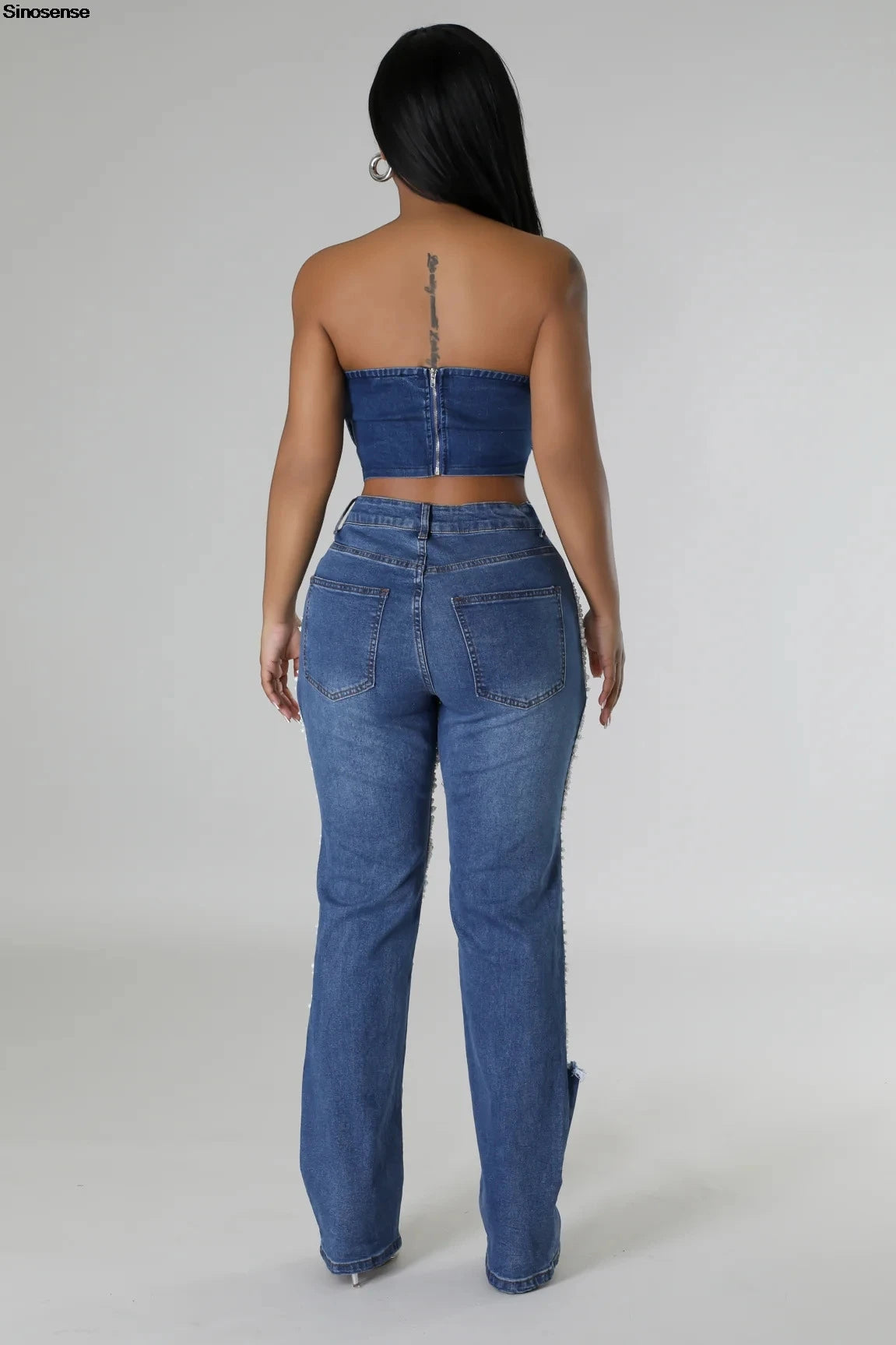 Ripped Denim Pants, Pearl Rhinestones Chain Distressed Skinny Jeans for Women