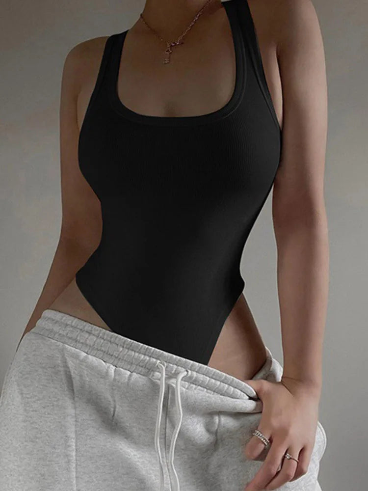 Sleeveless Knit Bodysuit, Off-Shoulder Halter Top, Summer Clubwear